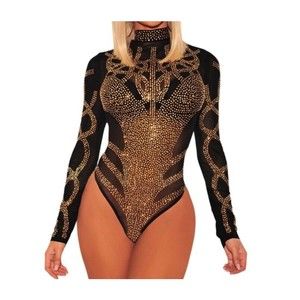 Women's Bodysuits Black Sheer Mesh Rhinestones High Neck Long Sleeve Jumpsuits